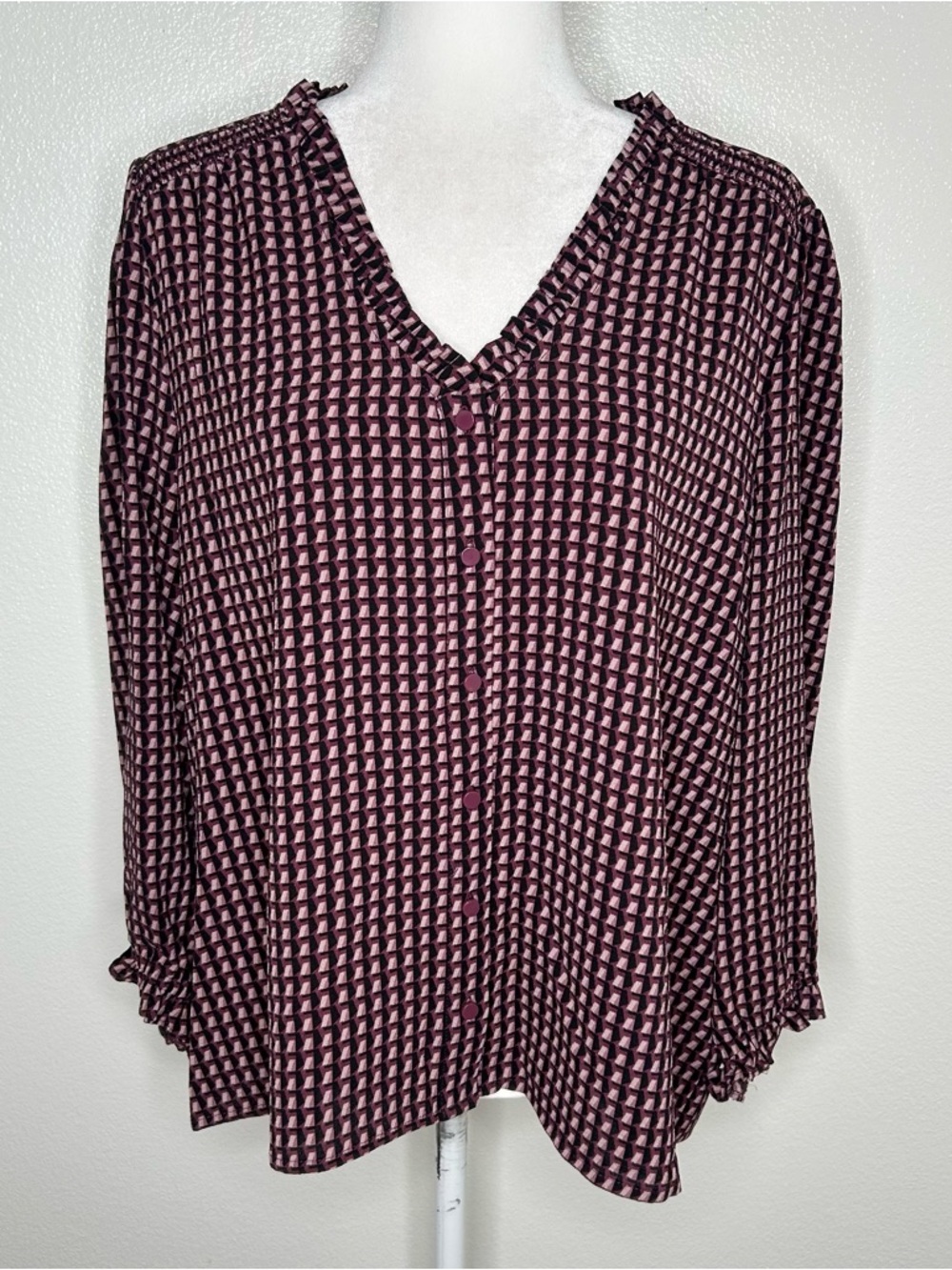 CeCe Pink and Black Geometric Button-Down Blouse